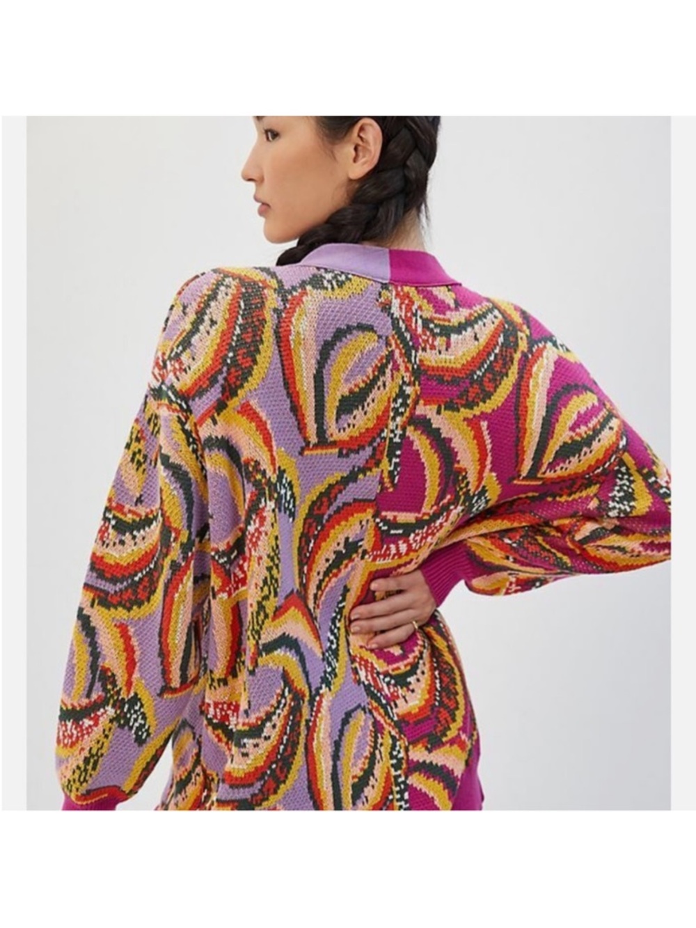 Anthropologie FARM Rio Banana Print Colorblock Button Down Cardigan Sweater NWT - Picture 2 of 13